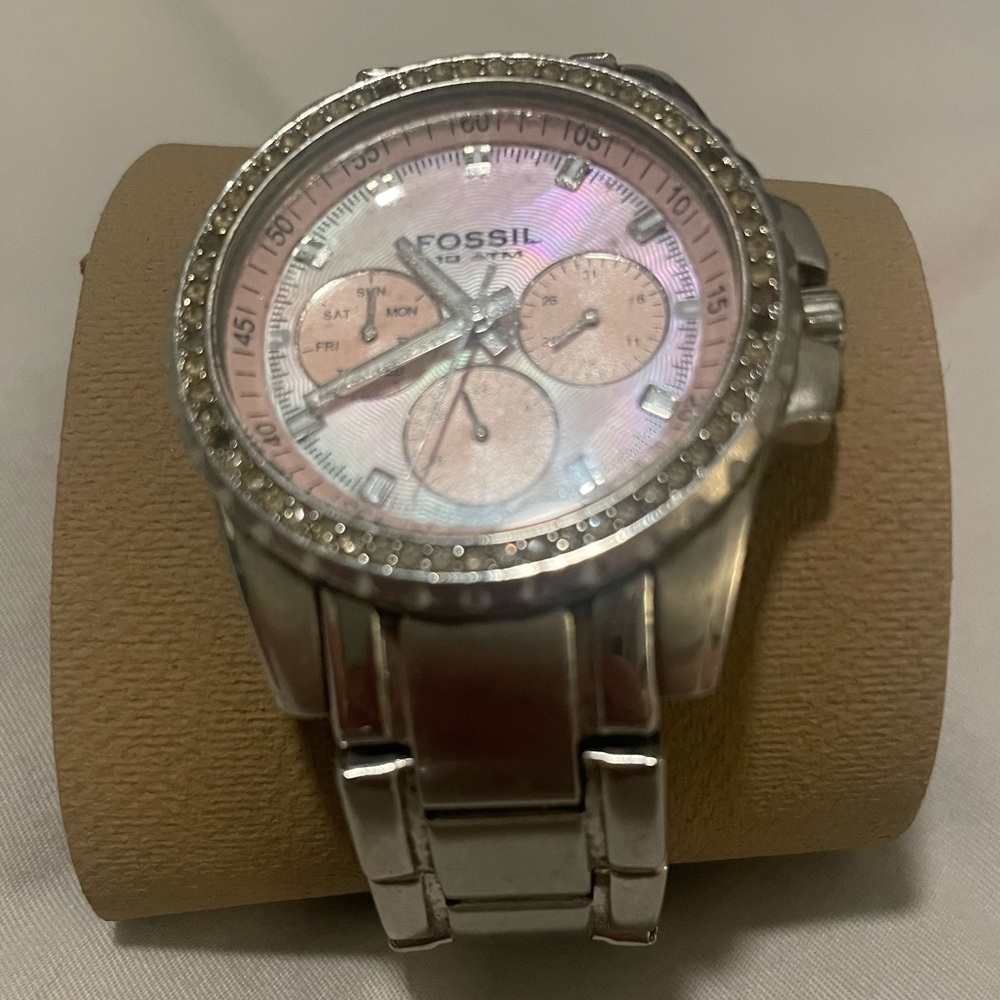 Fossil Women's Silver Watch with Pink Dial and Crystal Accents - Picture 3 of 7